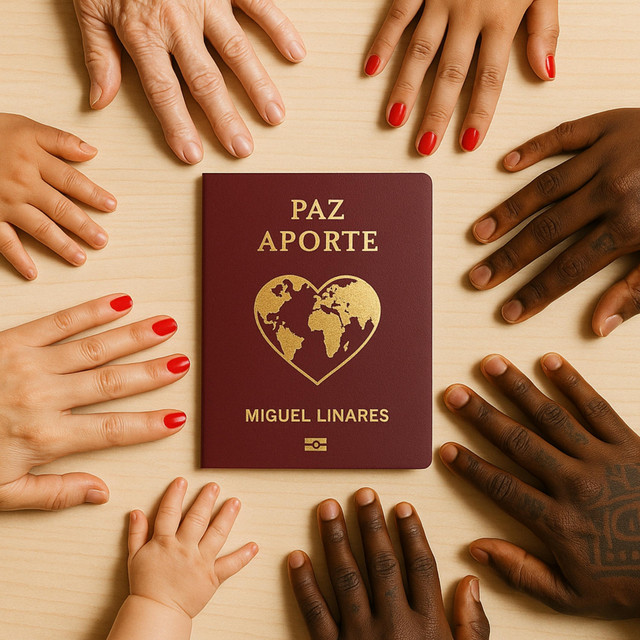Arte de PAZAPORTE: manos diversas alrededor de un pasaporte color vino con un corazón y el mundo